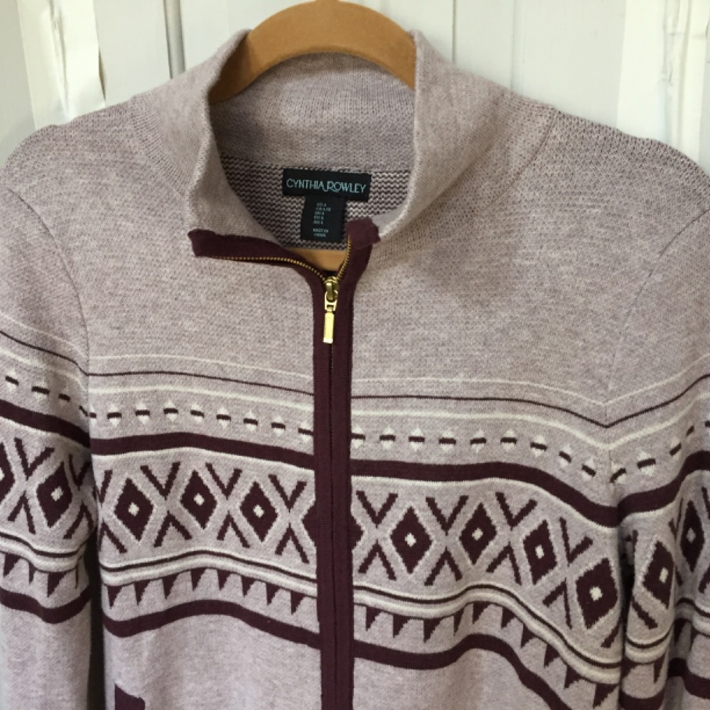 Cynthia Rowley Burgundy Geometric Patterned Full Zip Sweater - Picture 11 of 16
